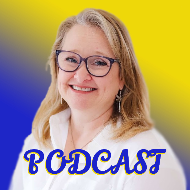 Mama Bear Wendy in a white blazer with the word "Podcast" in the foreground.